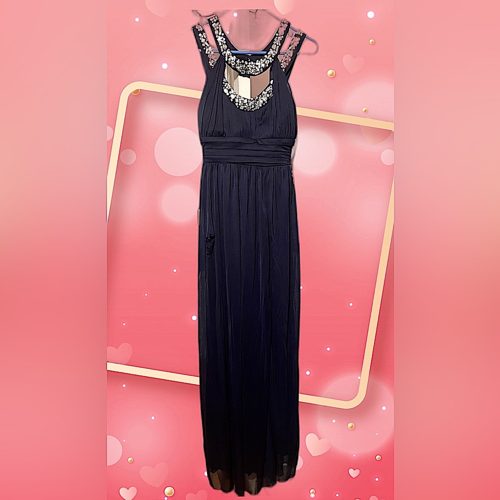 Simple navy blue flowy prom dress with bedazzled straps!